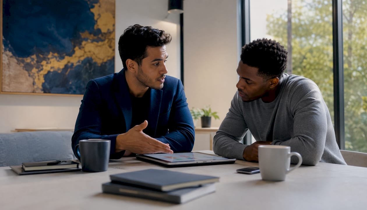 Two men discussing NFT pump-and-dump