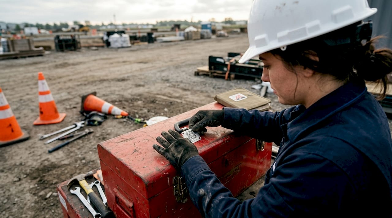 Technician attaching metal QR code tag