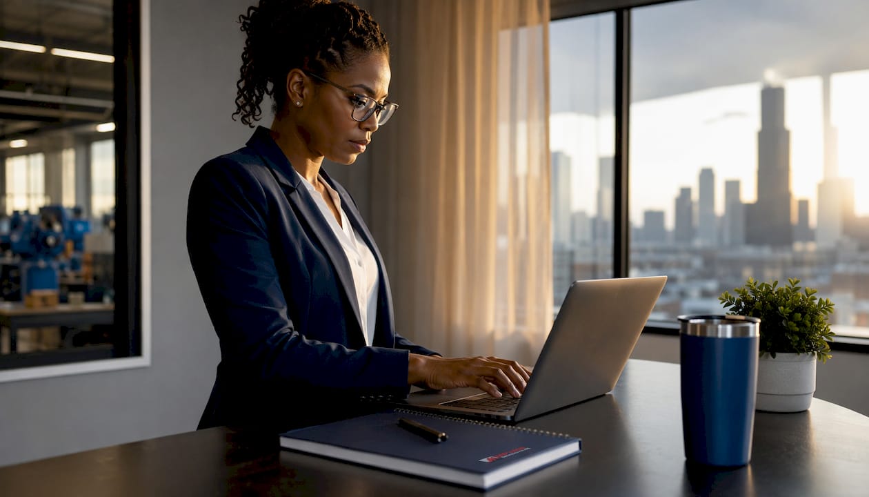 Analyst reviewing downtime data on laptop at office