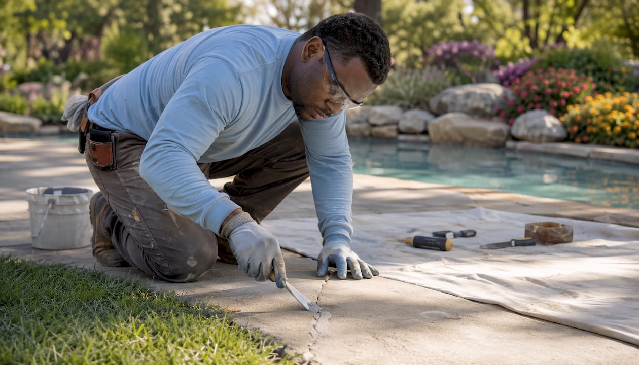 Contractor repairing pool deck crack outdoors