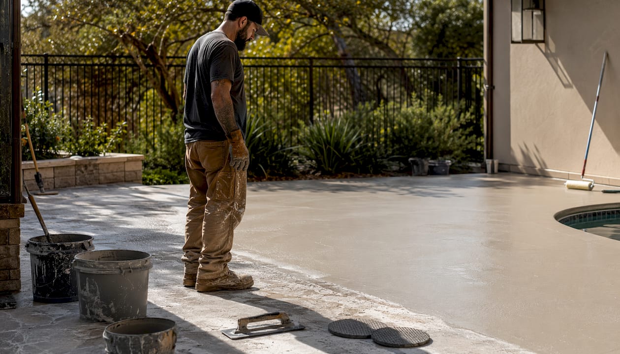 Tools and materials for pool deck resurfacing