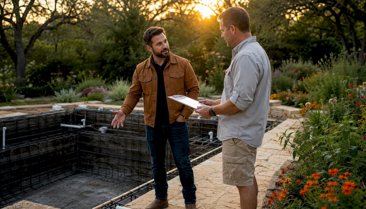 Contractor and project manager discussing pool construction