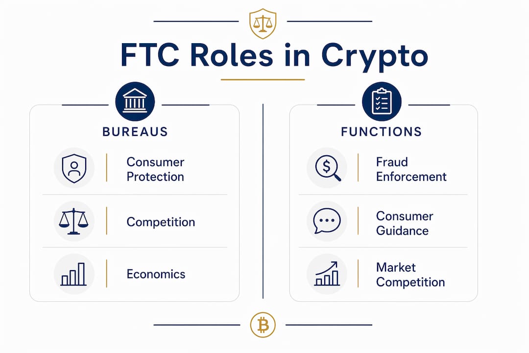 Infographic displaying FTC bureaus and functions in crypto