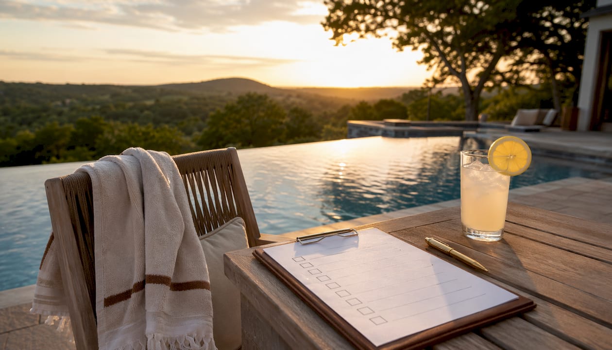 Overhead view of pool maintenance checklist by luxury pool