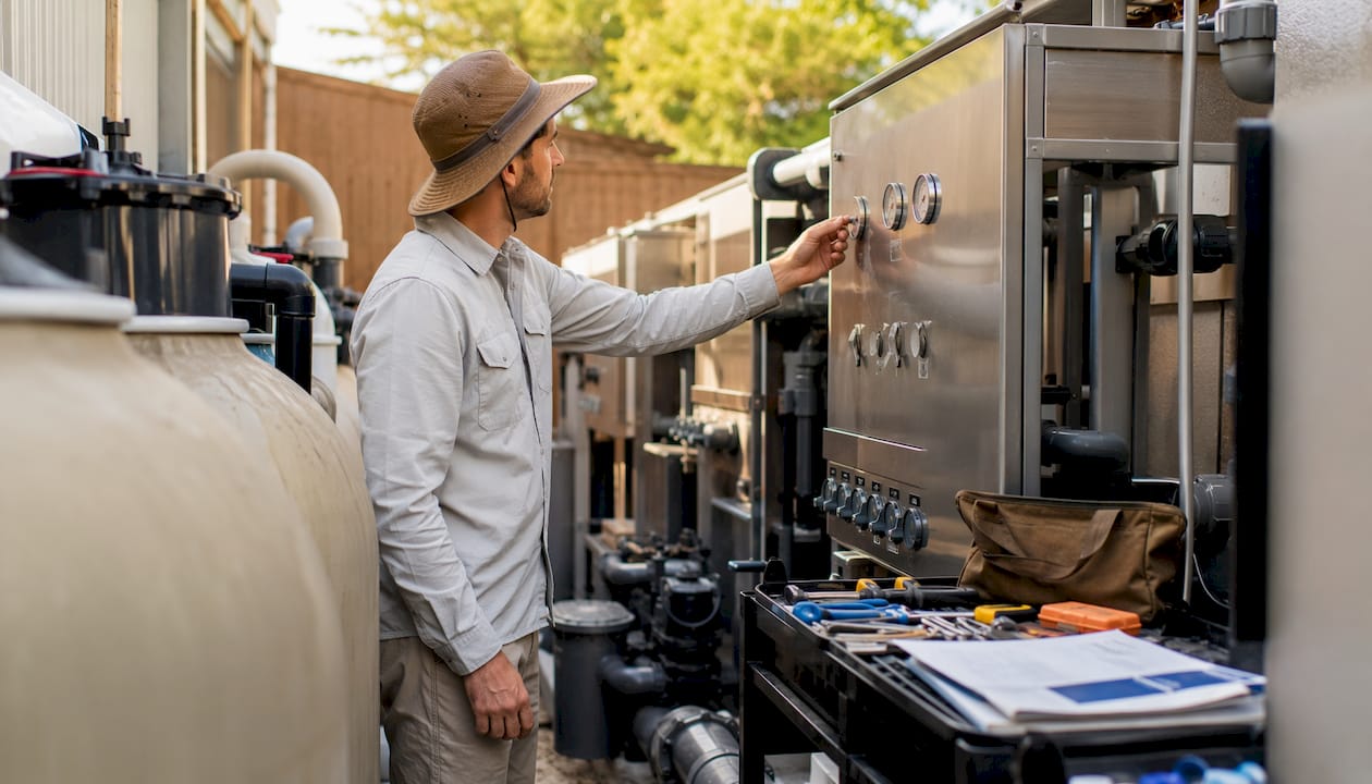 Technician inspecting community pool mechanical systems