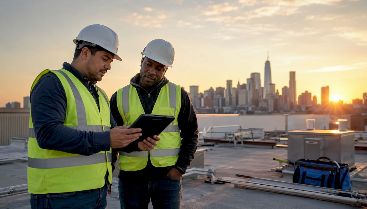 Contractors discussing maintenance data on tablet at site