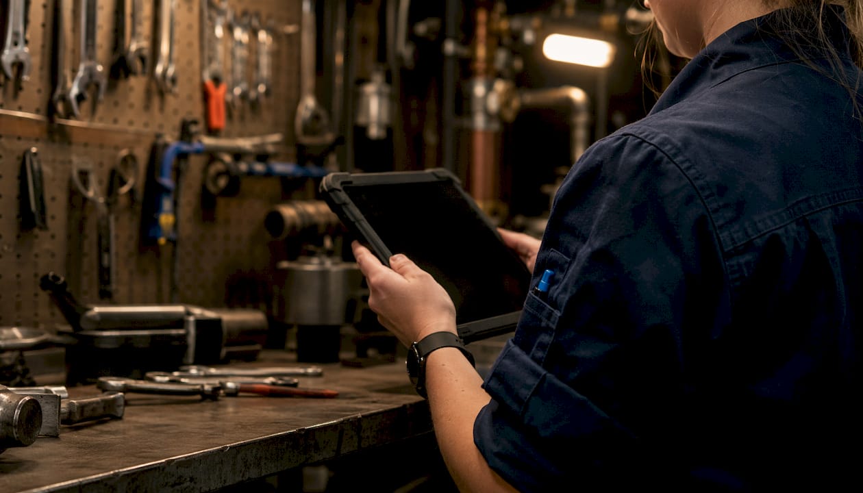 Technician using tablet in maintenance workshop
