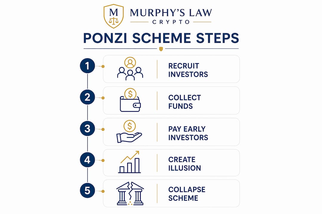 Infographic illustrating Ponzi scheme process steps