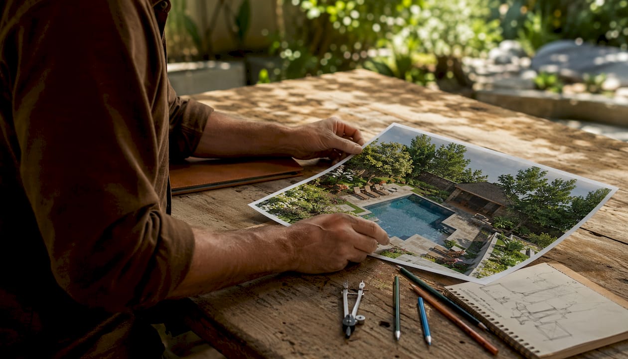 Hands reviewing 3D pool design drawings
