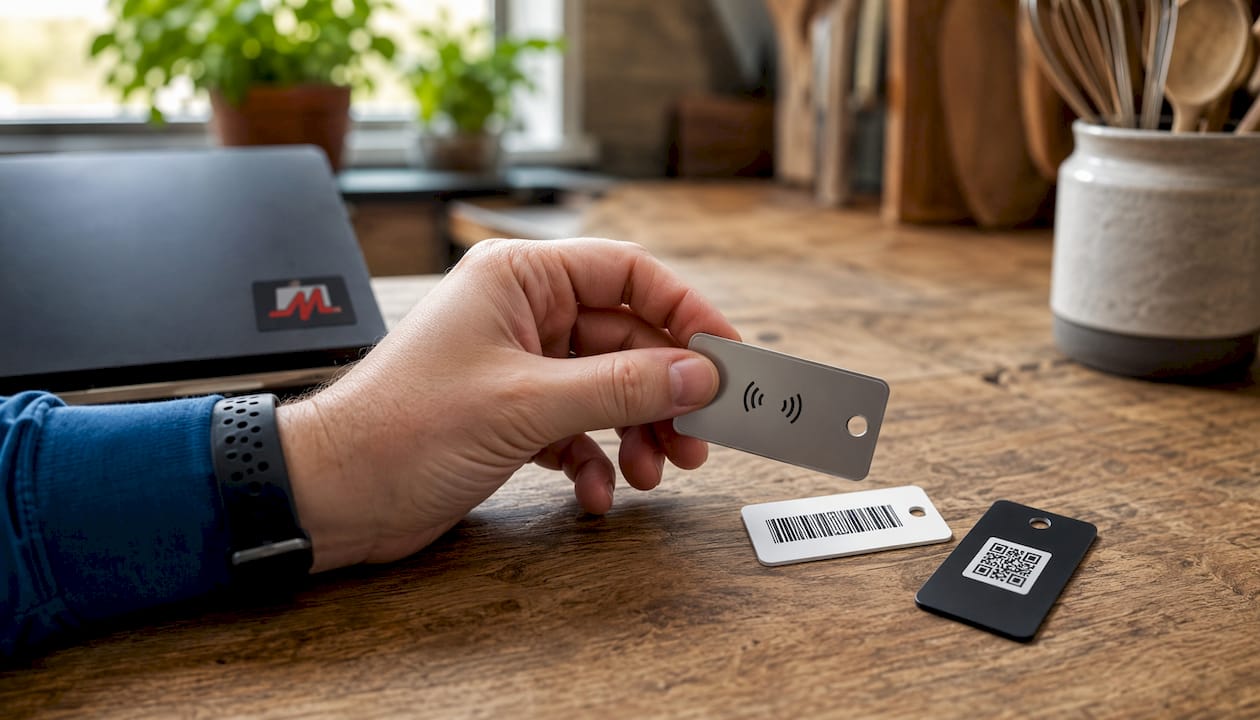 Close-up of hand holding various asset tag materials