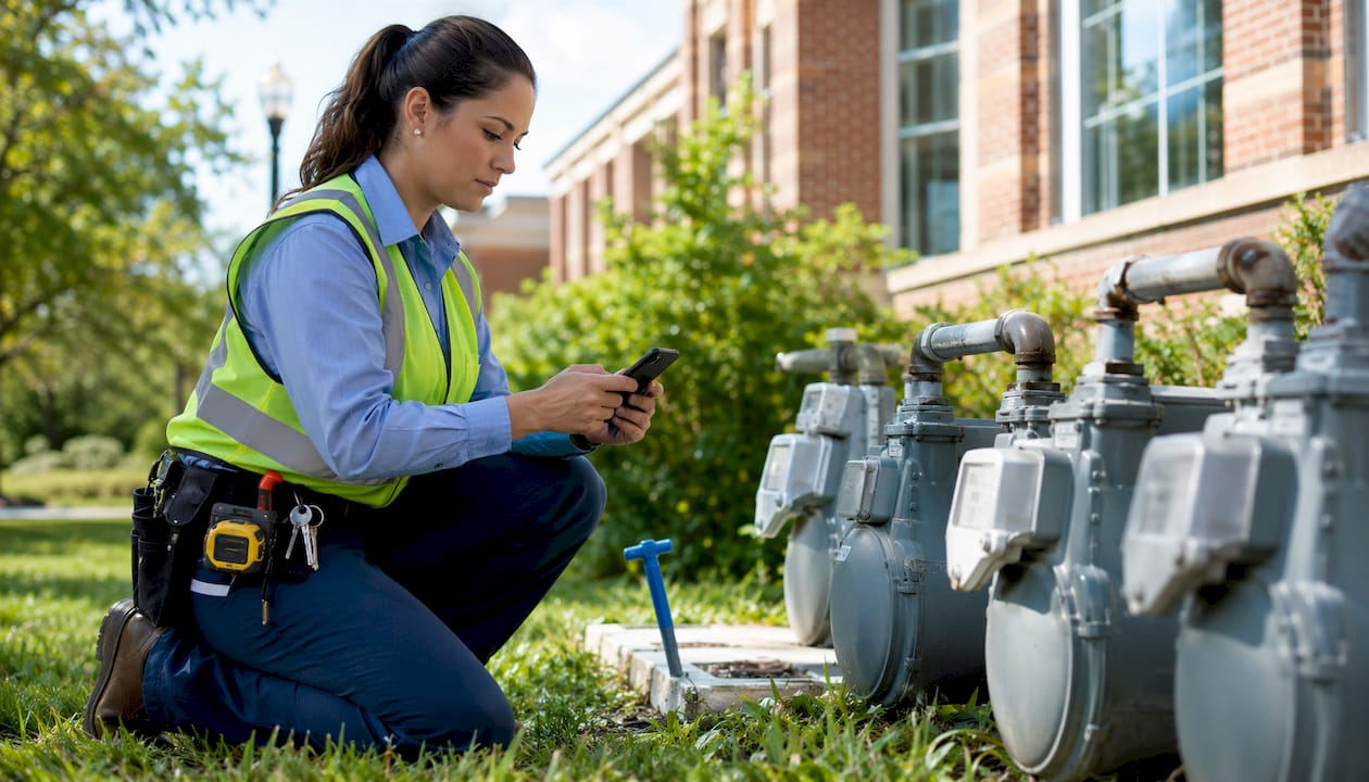 Technician using mobile device outside campus building