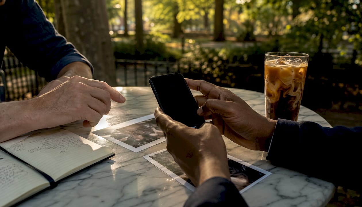 Overhead of hands investigating investment scam materials