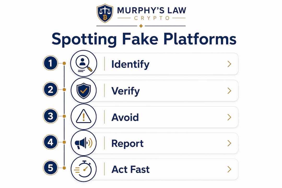 Infographic listing five steps to spot fake investment platforms