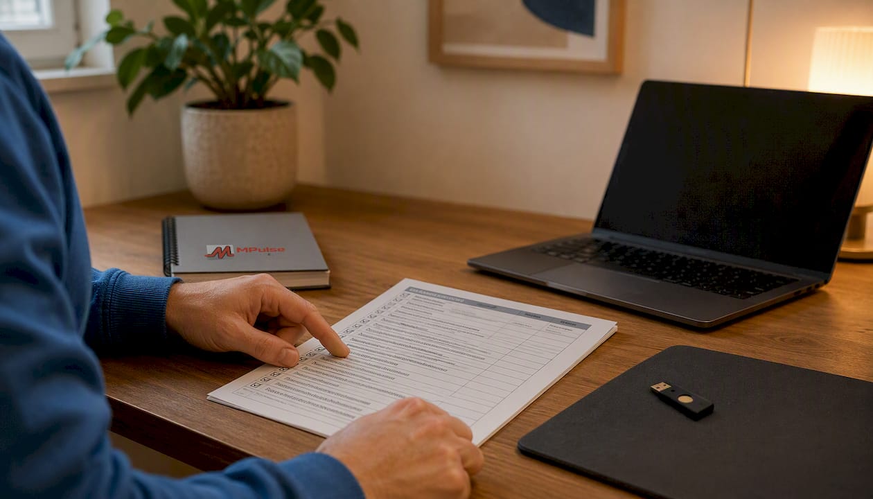Hands typing with audit checklist close-up