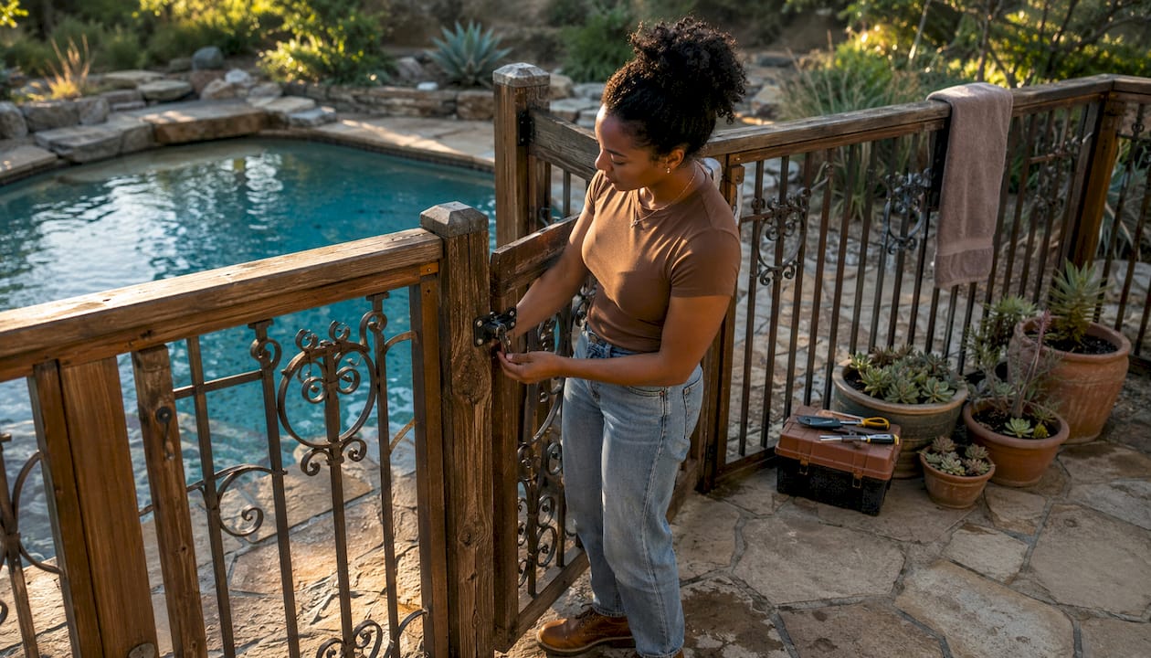 Woman adjusting pool fence gate latch