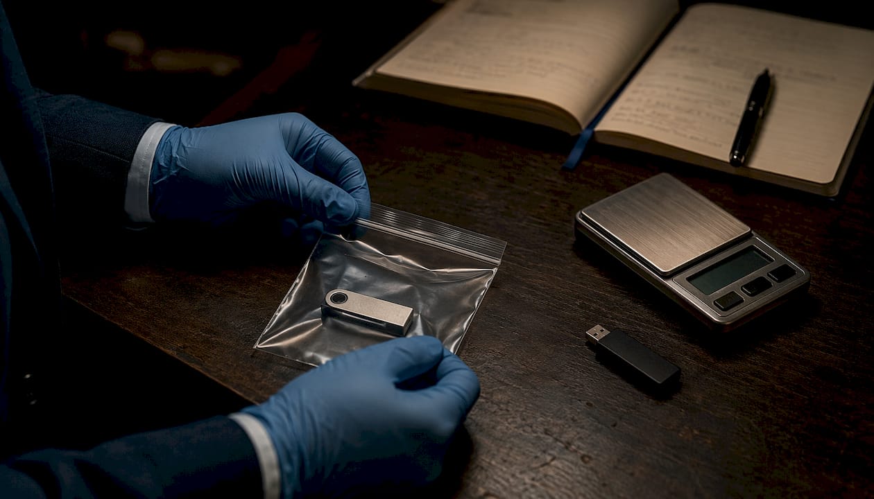 Hands handling crypto wallet in forensic lab