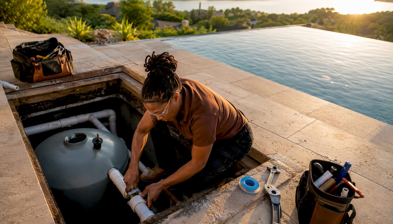 Pool technician installs balance tank outdoors