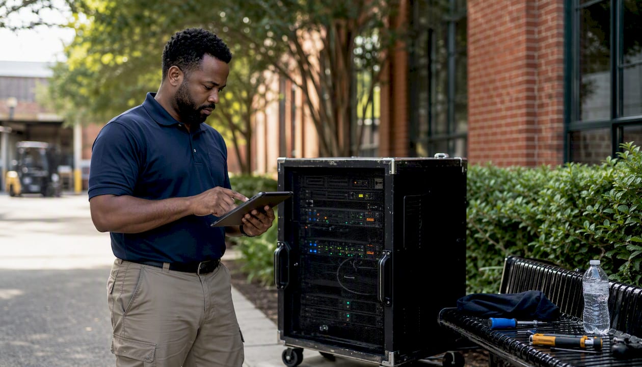 Engineer examining redundant server hardware for failover
