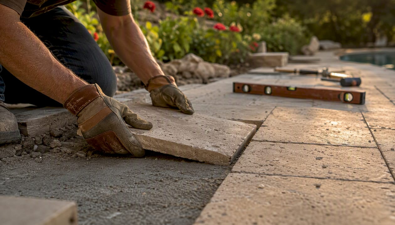 Hands laying travertine pavers for pool deck