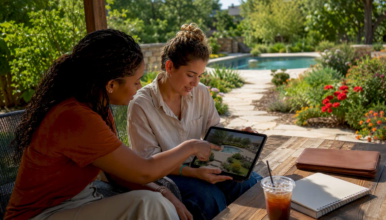 Woman and designer reviewing 3D pool plan outdoors