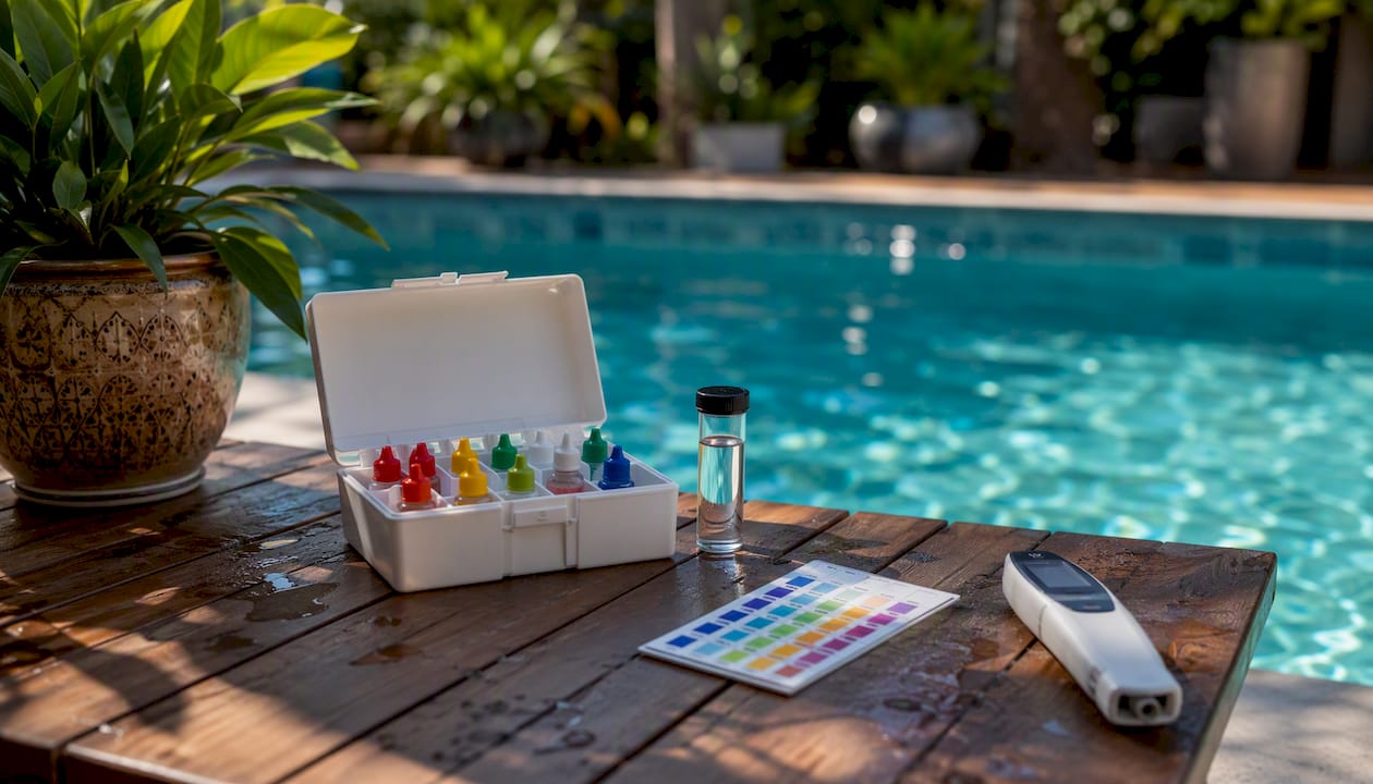 Close-up of pool water testing kit tools