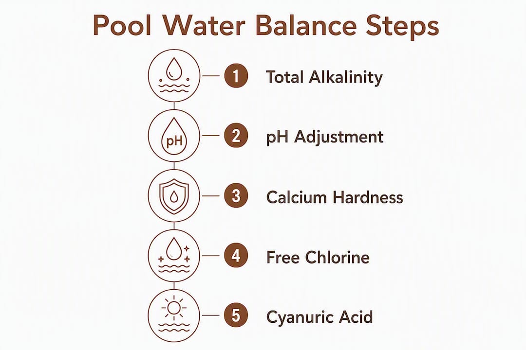 Vertical flow infographic of pool water balancing steps