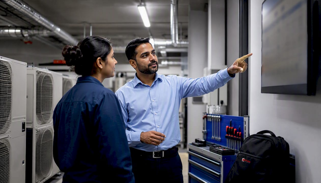 Technician and manager reviewing maintenance dashboard