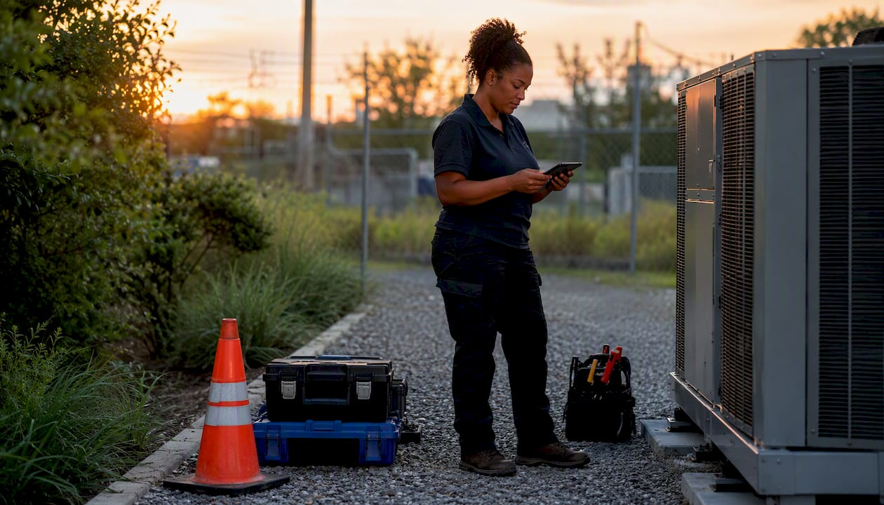 Field technician using mobile device for work reporting