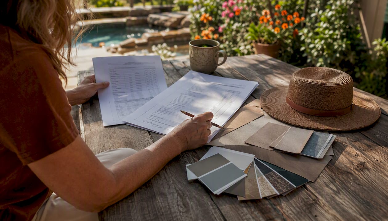 Homeowner comparing pool deck cost estimates