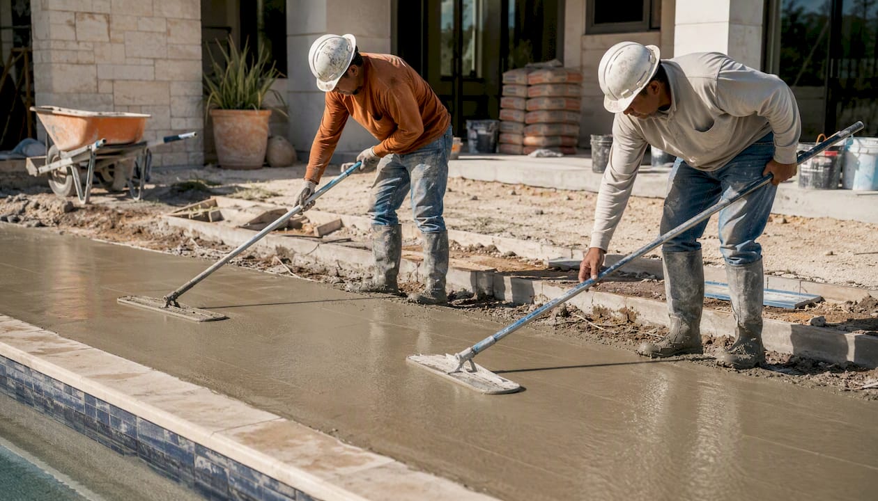 Workers smoothing concrete near residential pool