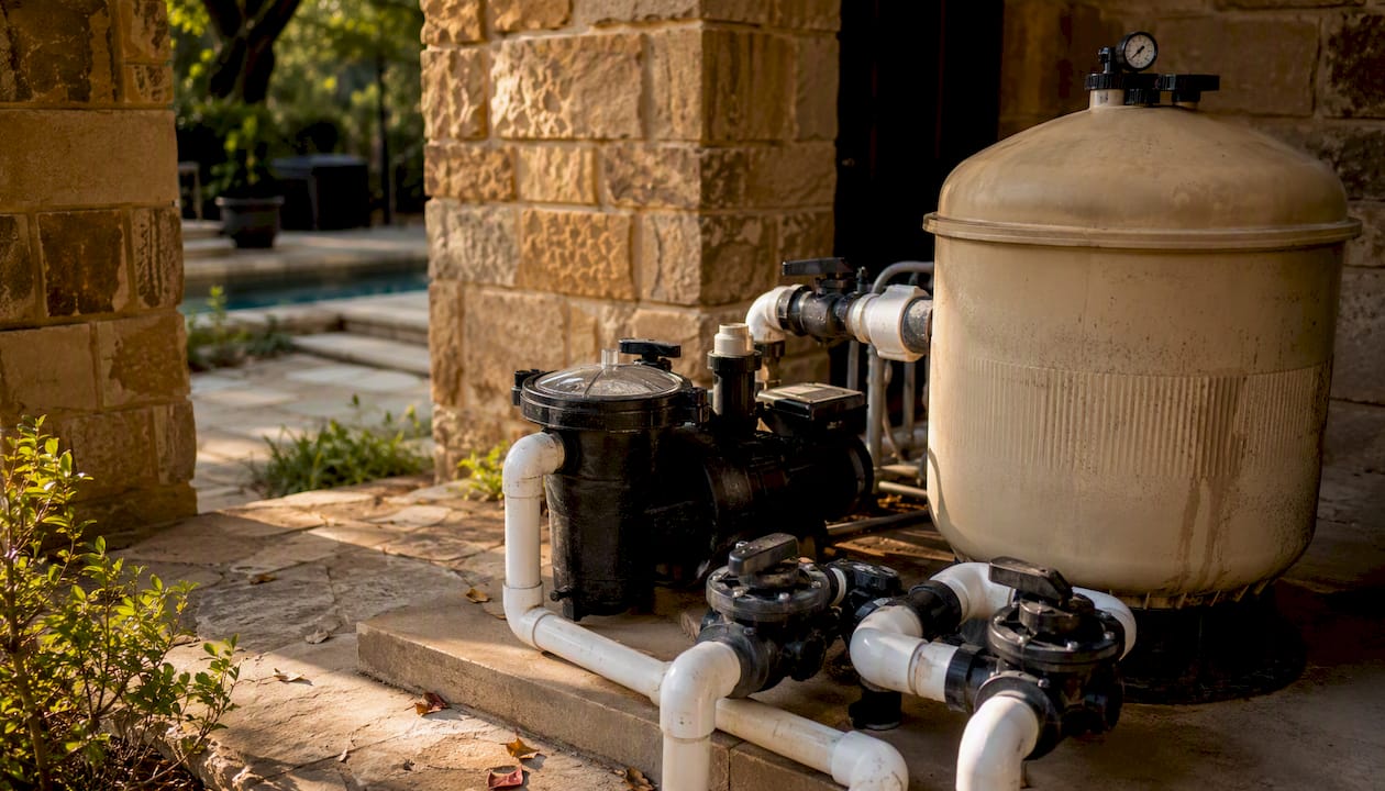 Pool pump and filter at equipment pad