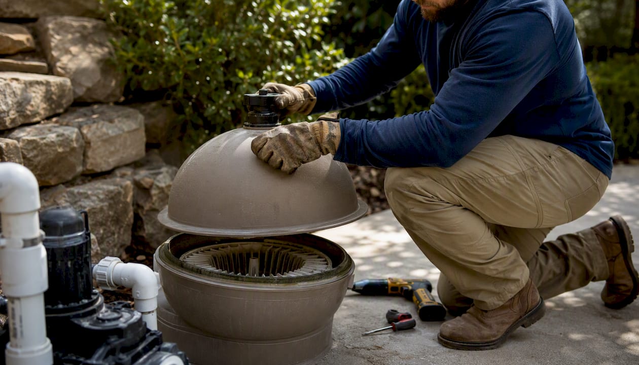 Technician performing service on sand filter