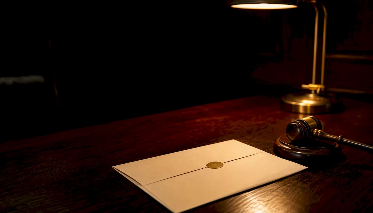 Legal envelope and courtroom gavel close-up