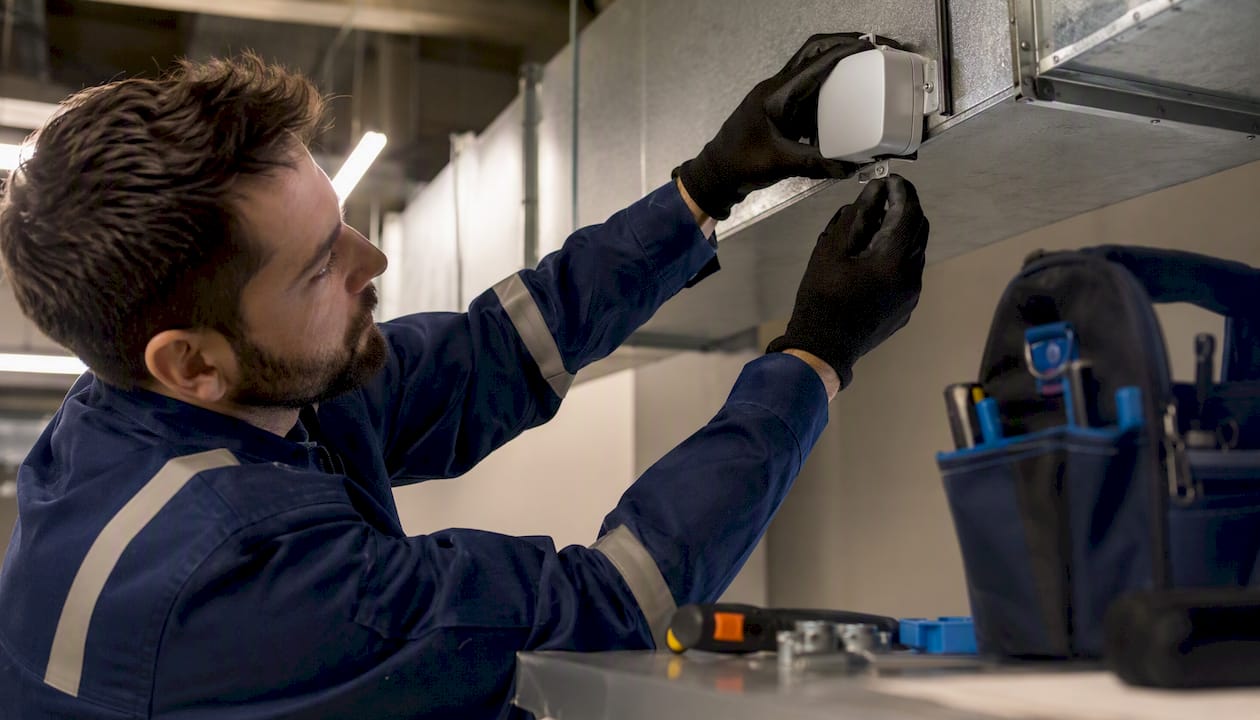 Technician installing sensor on hospital HVAC duct