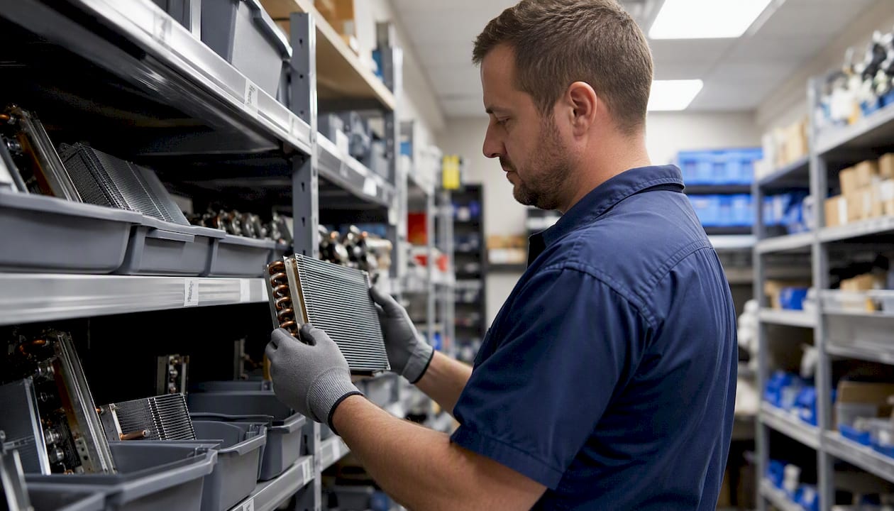 Hands inspecting HVAC parts in storeroom