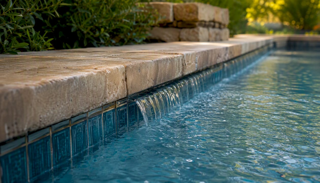 Close-up of natural stone coping and glass tile over a vanishing edge