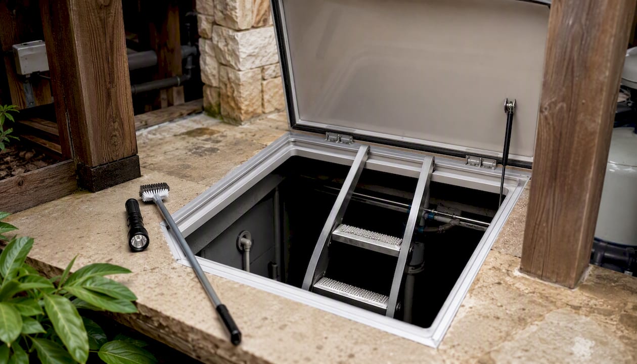 Open surge tank access hatch with ladder and tools