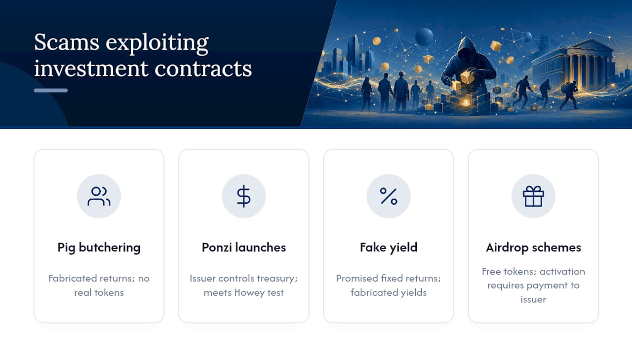 Common scams that exploit crypto investment contract structures — overview diagram