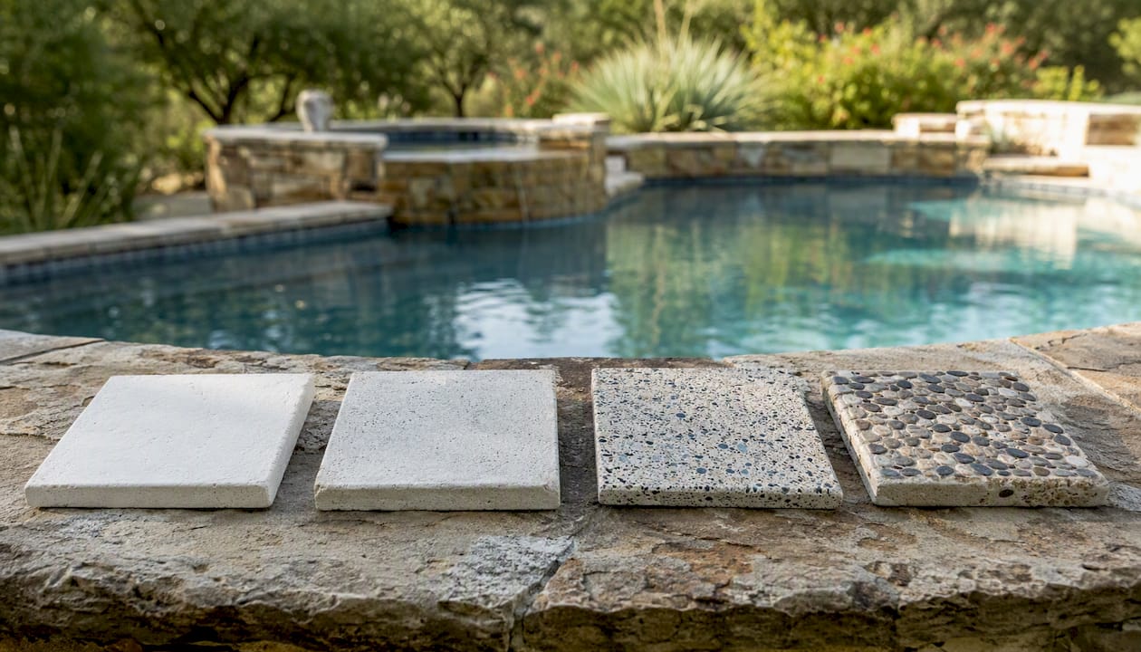 Close-up of varied pool surface texture samples