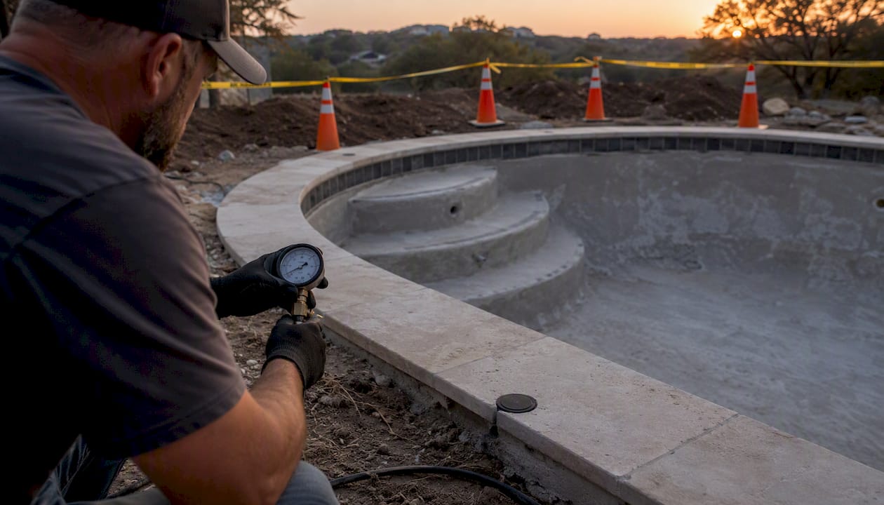 Contractor measuring hydrostatic pressure in drained pool