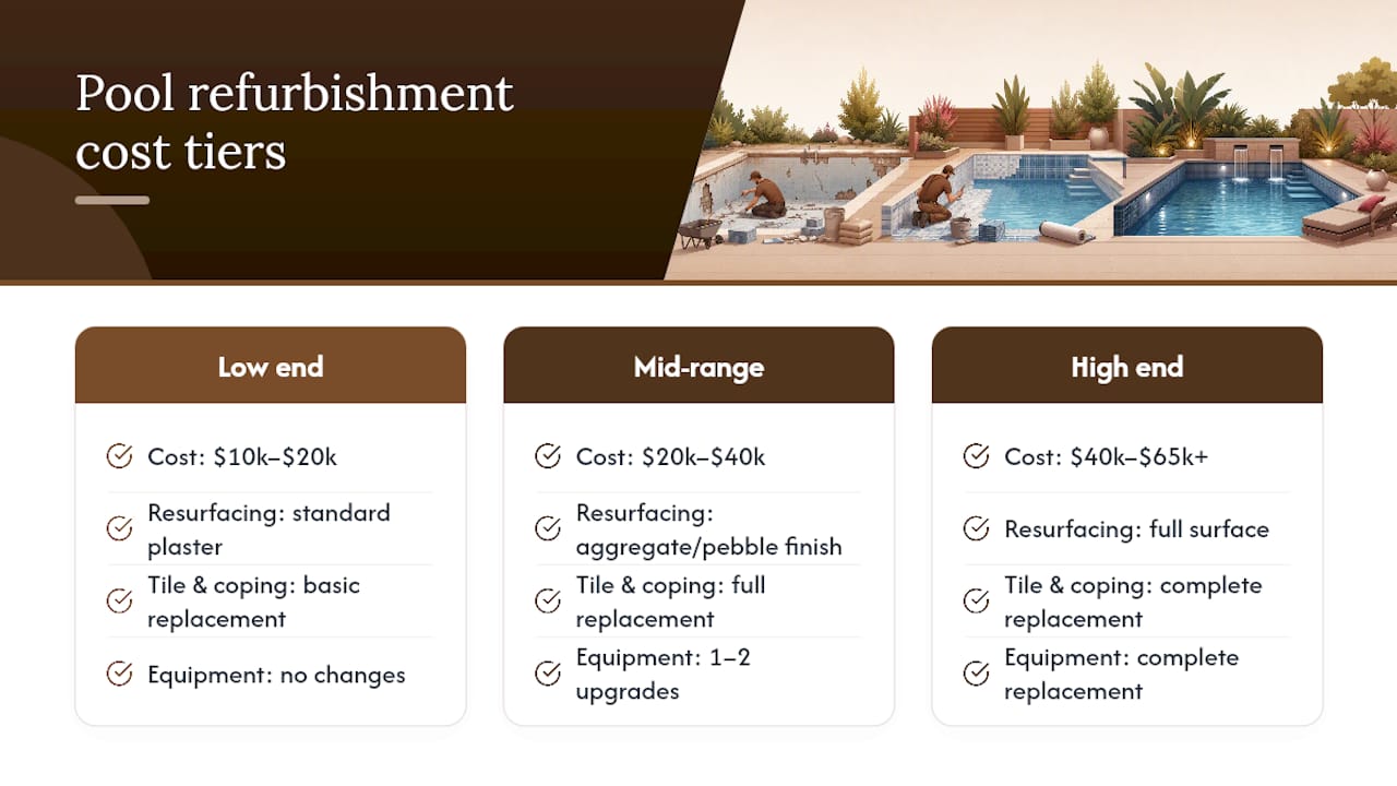 Diagram showing pool refurbishment cost ranges and scopes
