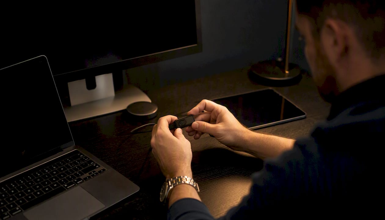 Hands using hardware wallet and physical notes