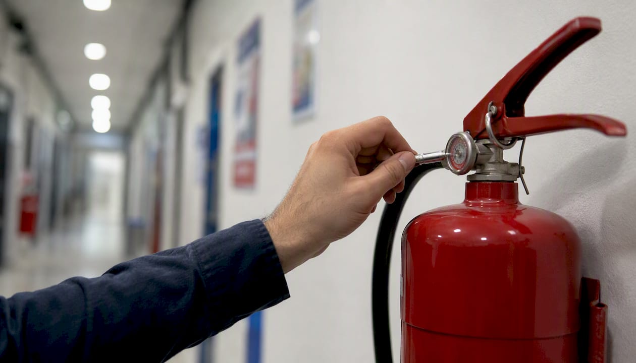 Hands checking fire extinguisher pressure gauge