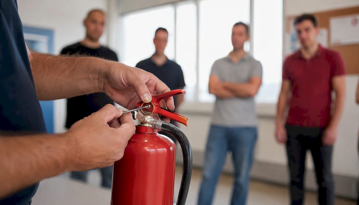 Trainer demonstrating fire extinguisher inspection