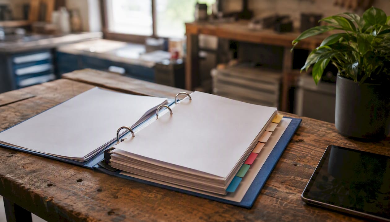 Open compliance binder with tabs and inspection forms