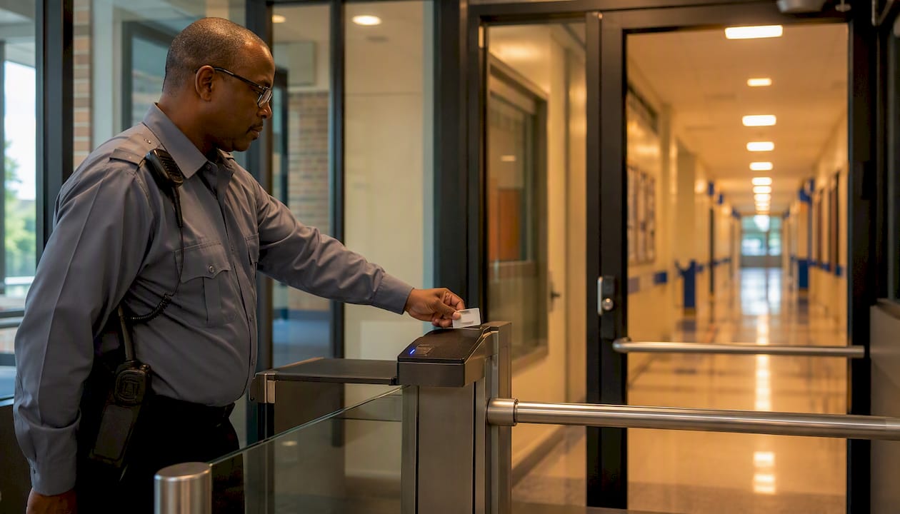 Badge scanner and access control at school entrance