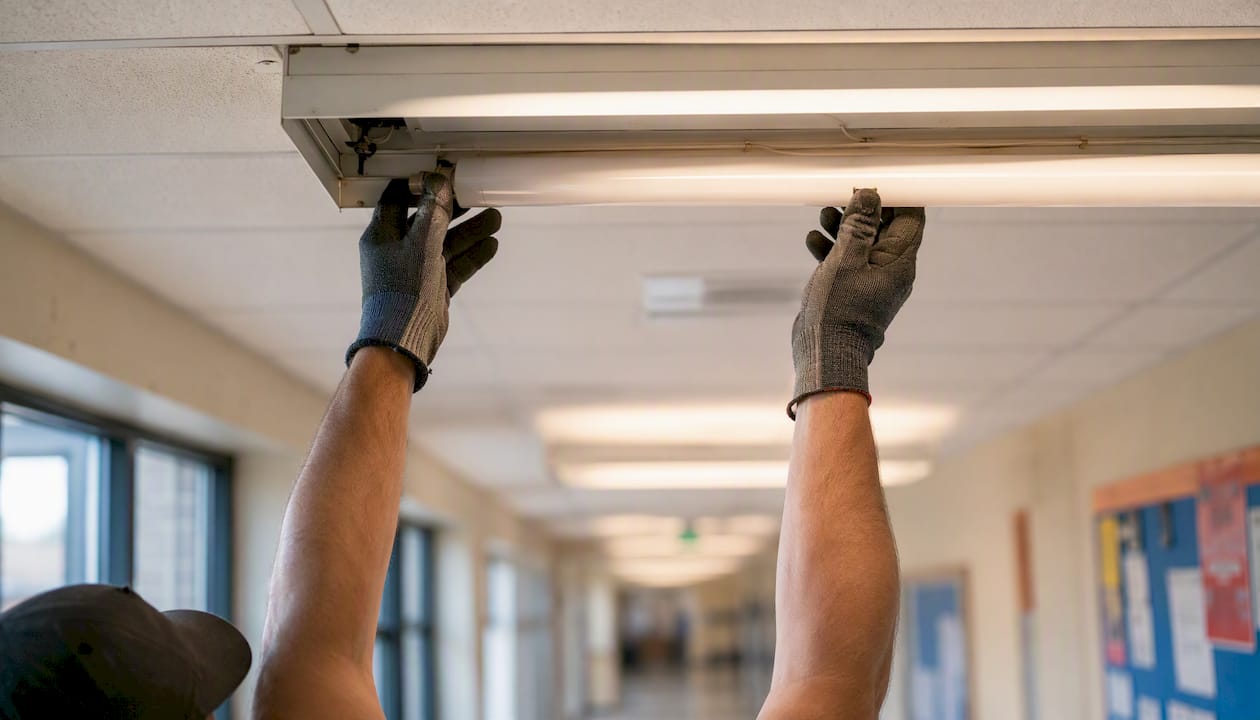 Hands replacing light bulb in school hallway