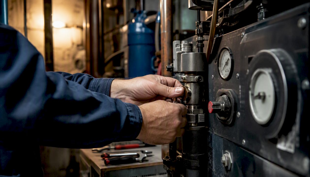 Hands inspecting chiller unit components