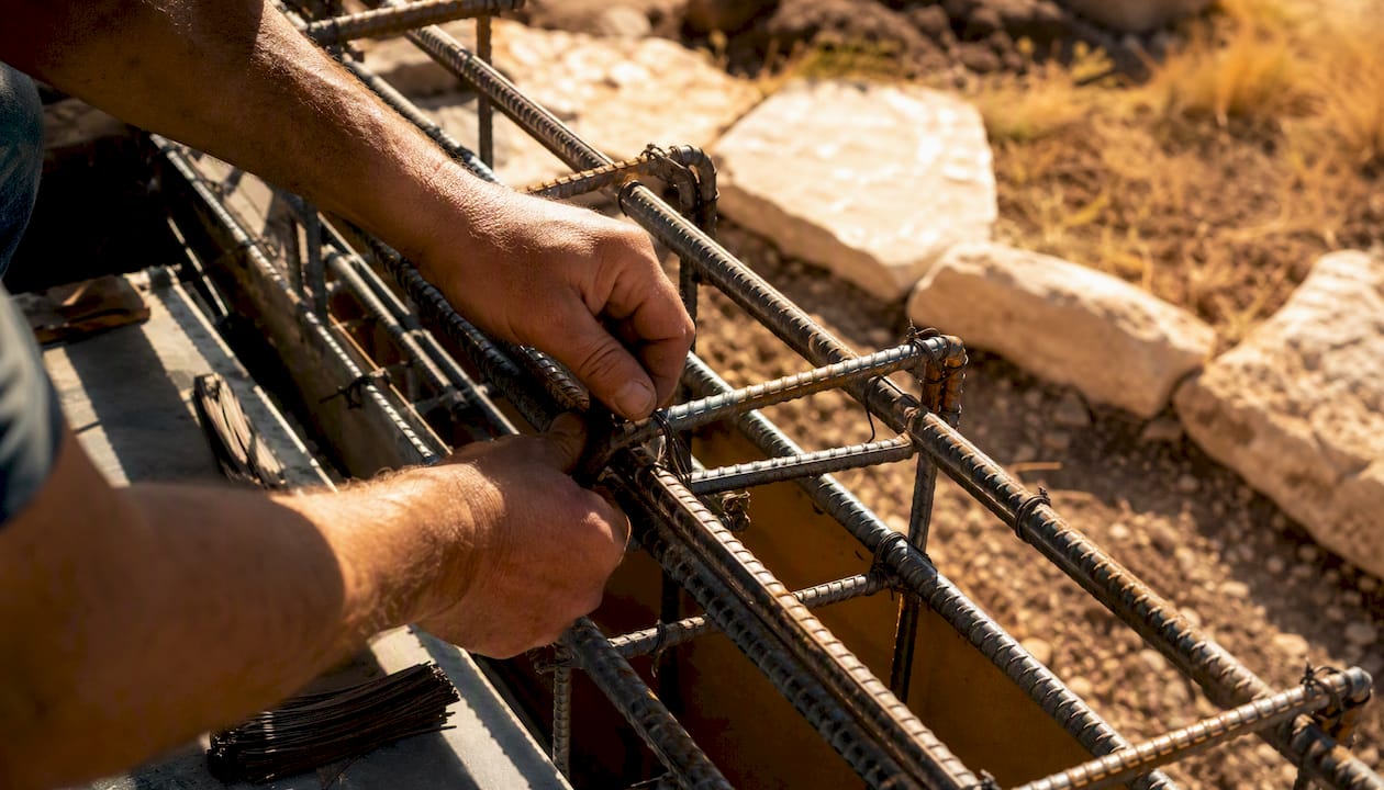 Hands tying rebar for pool bond beam reinforcement