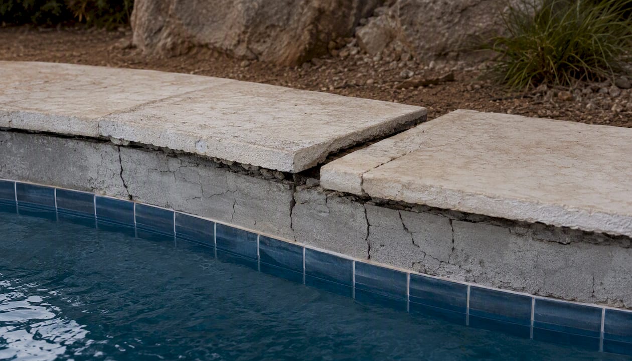 Cracked bond beam with separated coping stones at pool edge
